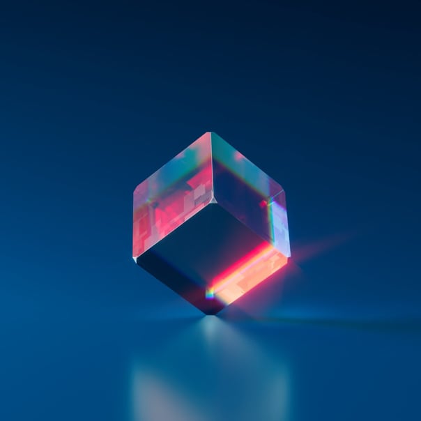 Color image of a glass cube with color lights